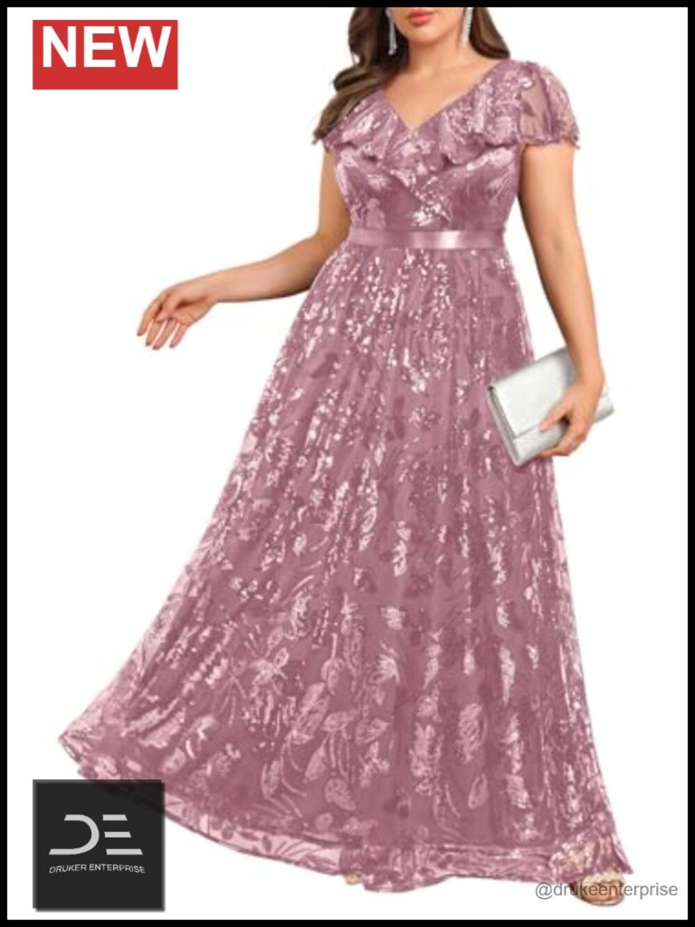 Plus Size Sequin Formal Dress V-Neck Maxi Evening Gown